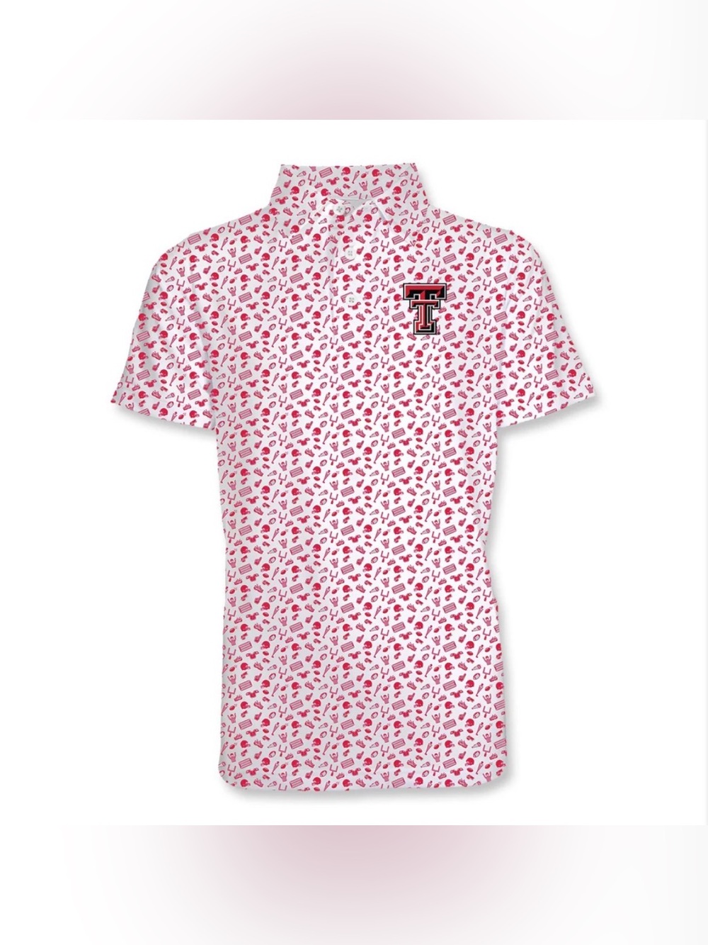Champion Texas Tech White Polo with Red Pattern and Chest Emblem